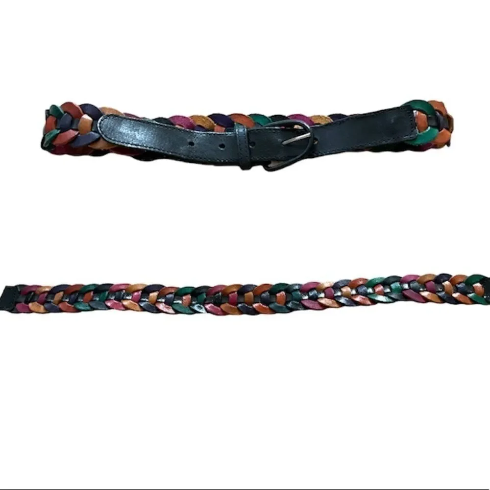 Vintage Black Leather Braided Colorful Belt